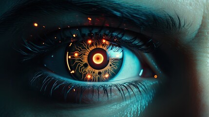 Close-up of the eye of a humanoid robot android with neon technological elements embedded in the...