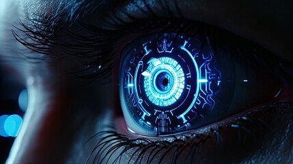 Close-up of the eye is a sci-fi cyborg human with a chip and sensors embedded in the retina and...