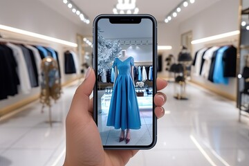 A hand holds a phone with augmented reality app in a clothing store. The screen projects an AR model of the dress.