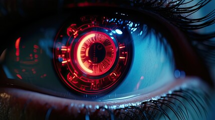 Close-up of the eye is a sci-fi cyborg human with a chip and sensors embedded in the retina and pupil, neon technological elements.