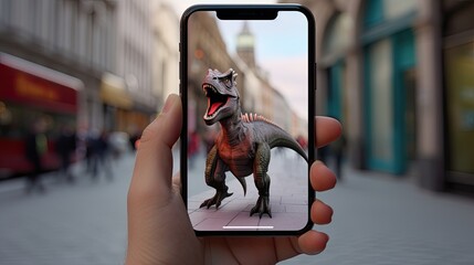 A hand holds a phone with an augmented reality app. The screen projects an AR model of a dinosaur...