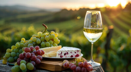 froze wine glass with white and red, cheese plate on wooden board in vineyard at sunset, grapes and...