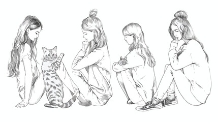 Four of beautiful girls sitting in various poses