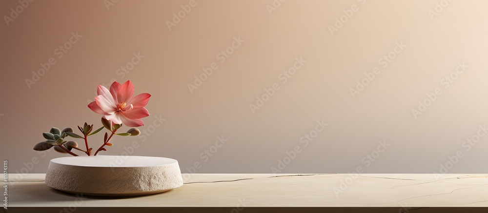 Aufkleber Beige background with stones a platform podium and a flower It creates a minimal empty scene for presenting products with a copy space image
