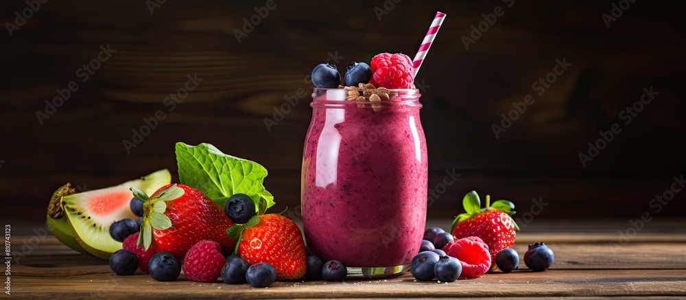 Aufkleber a copy space image of a raw vegan smoothie made with fresh fruit and berries placed on a wooden tabl