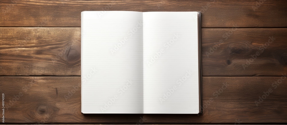 Poster A copy space image of a blank page in an open notebook seen from a top down perspective resting on a wooden table