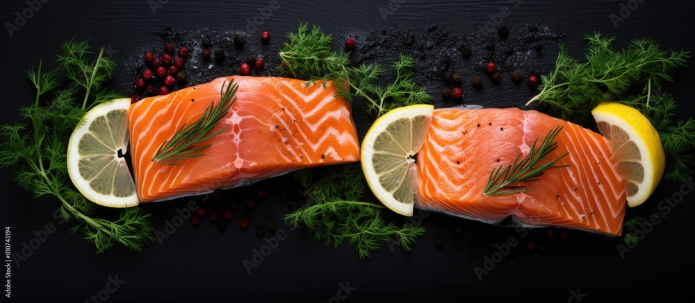 Poster an overhead shot of two salmon slices on a dark backdrop with lemon slices peppercorns and dill spri