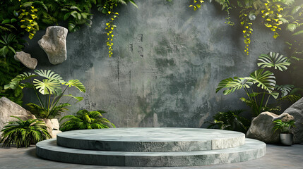 Natural stone and concrete podium in the green background for Empty show for packaging product...