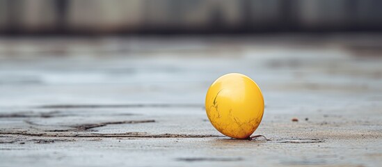 An abandoned yellow balloon rests on the gray ground of a street with a copy space image displaying its close up details