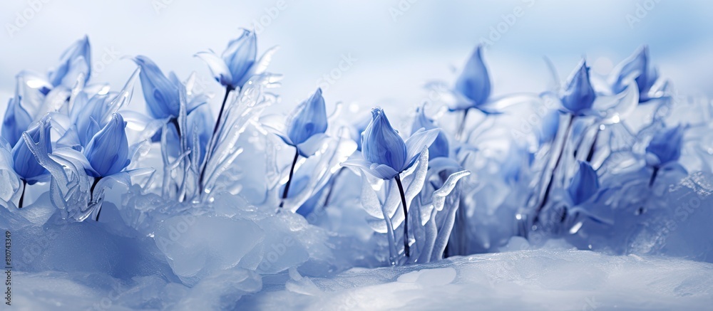 Aufkleber Close up image of bluebells frozen in ice with plenty of empty space around them for copy. Creative banner. Copyspace image