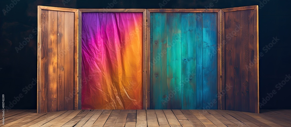 Poster A wooden folding screen stands on a colorful backdrop creating an enticing copy space image