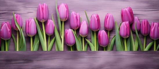 A captivating image of purple tulips on a textured wooden backdrop leaving plenty of empty space for copy or other elements. Creative banner. Copyspace image