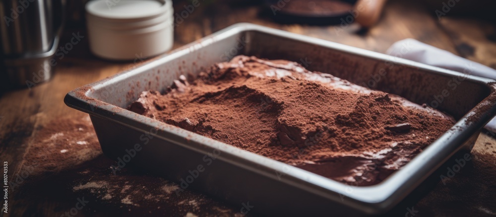 Poster baking a homemade chocolate cake or brownie with a basic raw dough in a baking pan ready to be cooke