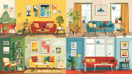 Four of colored freehand drawings of cozy apartment