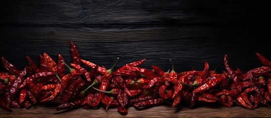 A copy space image featuring dried chili peppers placed on wooden surface against a dark backdrop