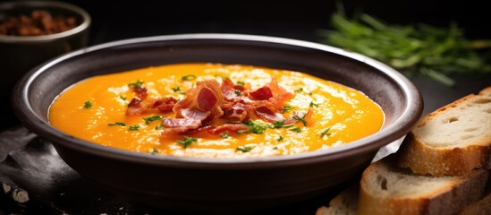 Fototapeta premium A delicious recipe from Extremadura salmorejo is served with crispy Iberian ham on top Capture this culinary masterpiece with a copy space image