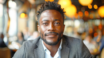Obraz premium Portrait of handsome African American man in stylish jacket sitting in cafe. Business concept