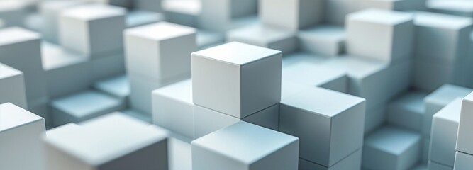 Obraz premium Block background wallpaper banner with copy space, randomly shifted, fading out white cube boxes