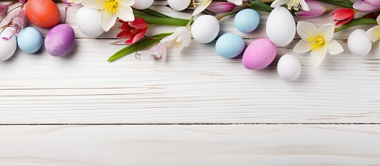 Obraz premium A white wooden background with Easter decorations providing room for additional images or text