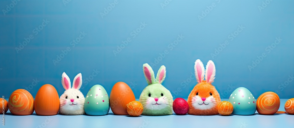 Poster Colorful Easter eggs Easter bunnies and carrots arranged on a blue background in a composition with copy space image