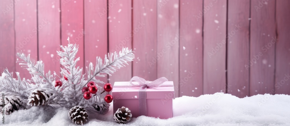 Poster snow covered christmas tree branch with a gift box set against a charming pink wooden background pro