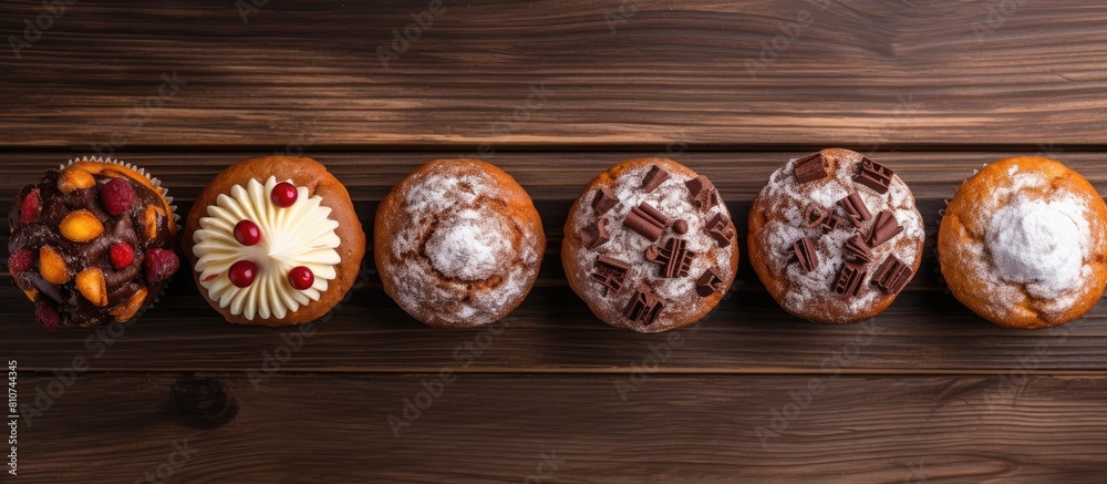 Fototapete the top view shows delicious homemade sweet chocolate and vanilla muffins displayed on a wooden tabl