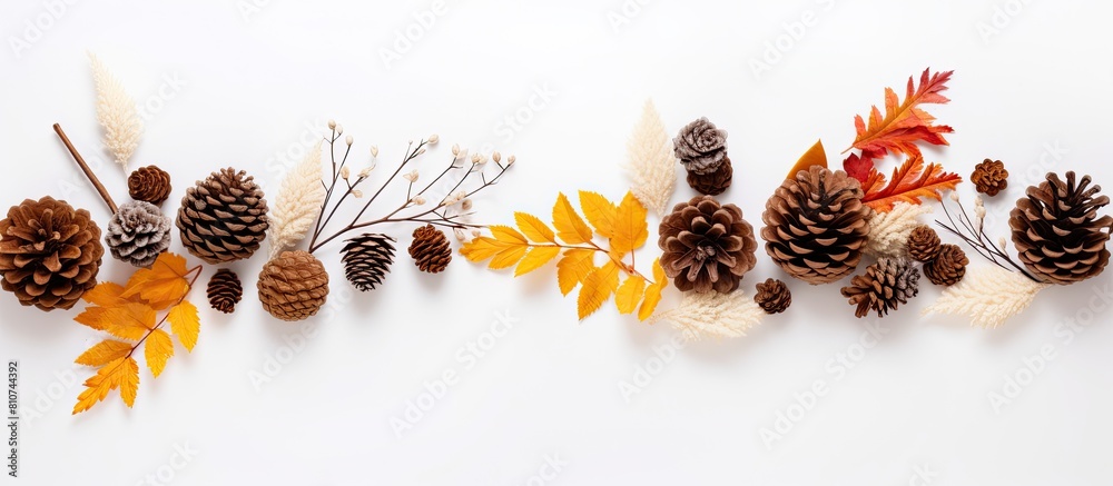 Poster Top view of a white background adorned with a fall themed composition The arrangement includes dried leaves cotton flowers and pine cones providing ample space for any desired content or image