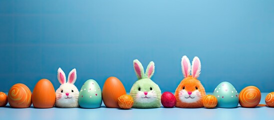 Colorful Easter eggs Easter bunnies and carrots arranged on a blue background in a composition with copy space image