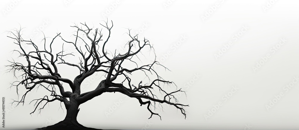 Poster An eerie silhouette of a dead tree stands alone on a white background creating a haunting and ominous image The copy space adds to the macabre ambiance