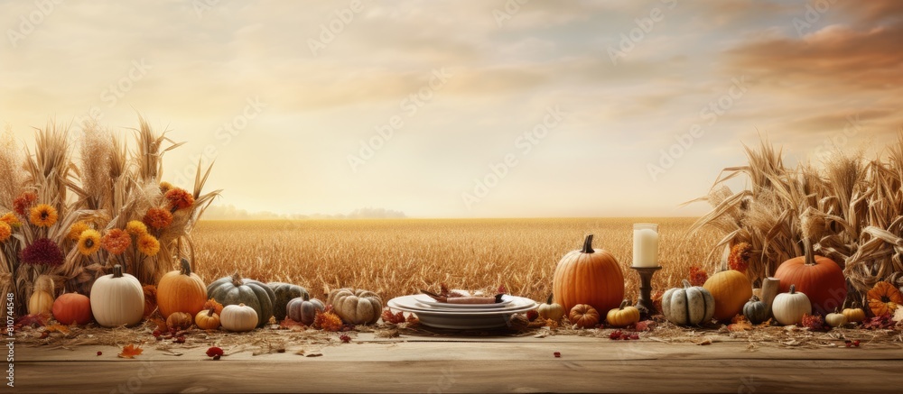 Poster a thanksgiving day background with a table set for the autumn harvest includes a copy space image