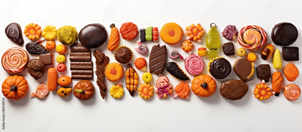 Aufkleber A bird s eye view image of Halloween themed candies including finger shaped sweets brain shaped treats and spider shaped confections arranged on a white backdrop providing ample space for additional