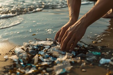 An individuals hands are shown picking up plastic waste on the beach, highlighting efforts to protect marine life from pollution
