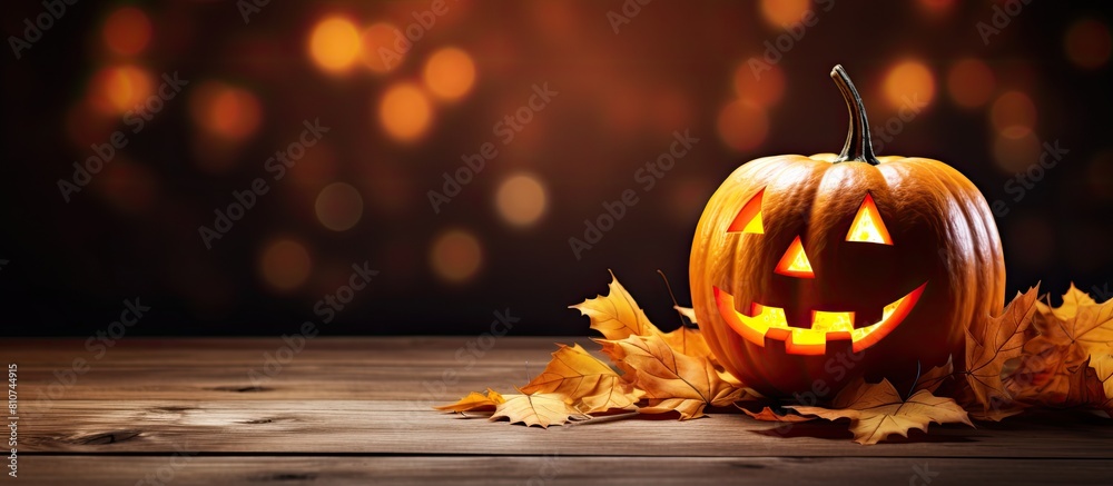 Poster A Halloween themed Jack o lantern illuminated on a wooden backdrop adorned with maple leaves creating a perfect copy space image