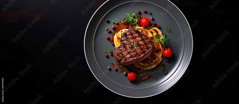 Fototapete top view of a plate with a mouthwatering veal steak topped with chili pepper and pear providing a vi