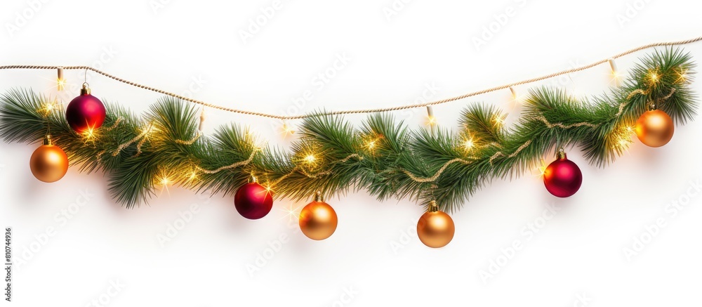 Leinwandbilder a festive christmas decoration featuring a branch of a fir tree adorned with a garland of light ball