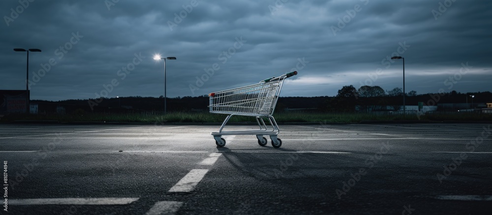 Poster A shopping cart is seen in an empty parking lot creating a serene and isolated atmosphere. Creative banner. Copyspace image