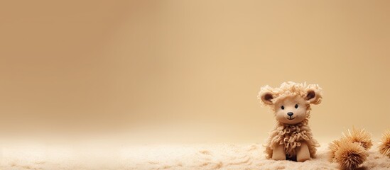 A cute handmade pompom reindeer displayed on a light brown paper background with plenty of space for additional images or text