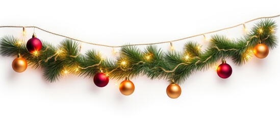 A festive Christmas decoration featuring a branch of a fir tree adorned with a garland of light balls The vibrant display is set against a clean white background providing an ideal copy space image - Powered by Adobe