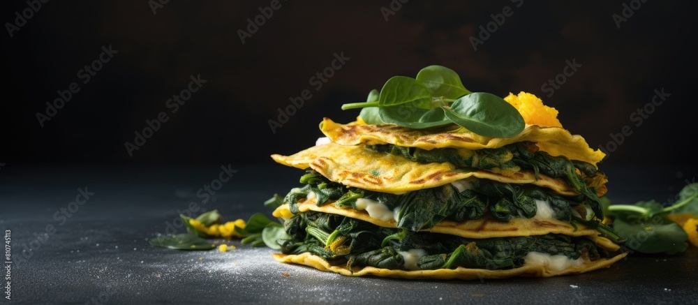 Poster the image shows a stack of spinach crepes and turmeric tinted crepes on a gray concrete background i