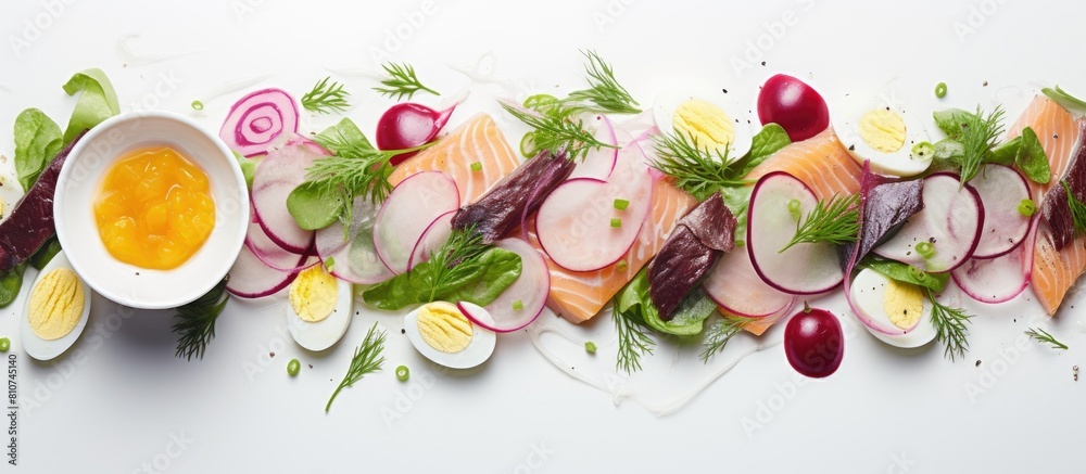 Poster Scandinavian cuisine offers a classic salad made with salted herring fillet fresh apples red onion and eggs all neatly arranged in a top down view for a captivating copy space image It is a kosher di
