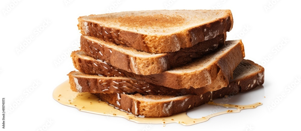 Aufkleber Isolated on a white background a close up top view stack of moldy slices of organic sprouted honey wheat bread with flaxseed represents the concept of expired and unhealthy food The image includes a