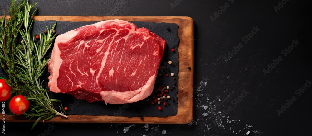 Poster a raw steak of cap rump beef placed on a butcher board with a black background seen from above there