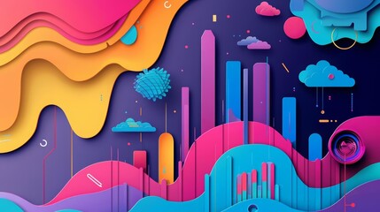 Paper cut cute design of market share, illustrated in cyberpunk color, making it a perfect colorful banner