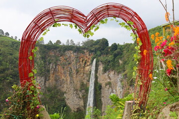 Sipisopiso waterfall at Tonging Village dropping to lake Toba, North Sumatra, Indonesia