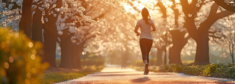 Physicist girl sprinting in a park on a sunny spring day amid flowers