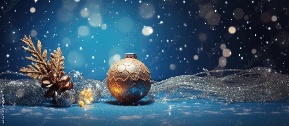 Poster a festive christmas greeting card featuring a vibrant blue background adorned with a bauble pine con