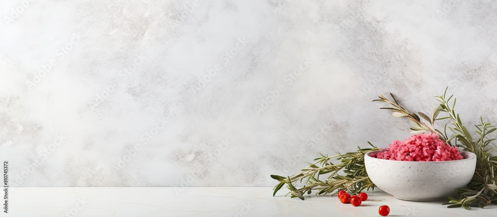Poster A bowl of salt thyme and peppercorns placed on a white marble table ideal for a flat lay composition The image offers ample space for adding text