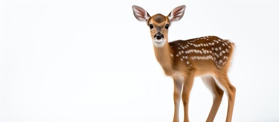 A fawn of a white tailed deer standing and gazing ahead with a blank background for the image. Creative banner. Copyspace image