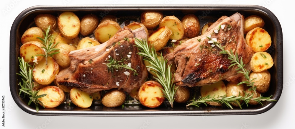 Poster top view of a copy space image showcasing a baking dish filled with roasted lamb mutton leg potatoes