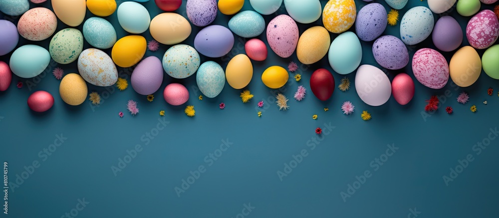 Poster a colorful background sets the stage for stunningly painted easter eggs in a flat lay composition of